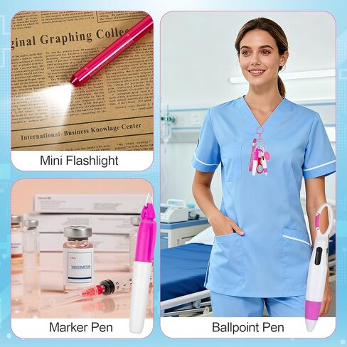 مجموعة أقلام ممرضة 6 قطع، مجموعة سلسلة مفاتيح ممرضة تتضمن مشبك سلسلة مفاتيح للرضاعة، قلم تحديد دائم، قلم تمييز، قلم حبر جاف قابل للسحب، مقص قابل للطي وأضواء مصباح يدوي LED (وردي) in Kuwait