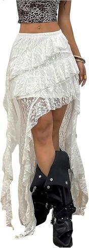 تنورة نسائية طويلة من الدانتيل بنقشة الزهور وكشكشة وطبقات متدرجة على شكل حرف A تنورة بوهو انسيابية in Kuwait