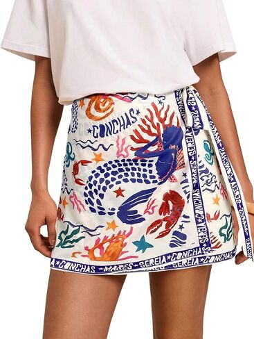 تنانير بوهو صيفية للسيدات، تنورة ملفوفة بطبعات زهور وعقدة عنق، تنانير قصيرة قصيرة برسومات المحيط الاستوائية اللطيفة، ملابس الشاطئ in Kuwait