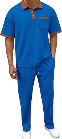 Men's Casual 2 Piece Set Short Sleeved Polo & Trousers Set Waffle Button Down Shirt Stylish Outfits With Pockets in Saudi Arabia
