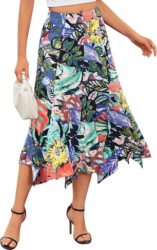 BAISHENGGT Womens Summer Casual Floral Flowy Skirts Elastic High Waisted Asymmetrical A-Line Draped Flared Midi Skirt in Kuwait