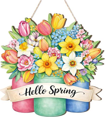 Spring Wreaths for Front Door Wooden Spring Door Hanging Hello Lily Door Sign Wooden Springs Door Hanger Colorful Springs Hanging Decorations for Easter Party Farmhouse Porch Decor in Saudi Arabia