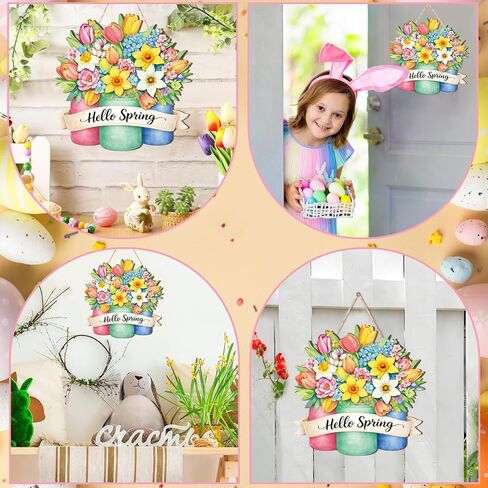 Spring Wreaths for Front Door Wooden Spring Door Hanging Hello Lily Door Sign Wooden Springs Door Hanger Colorful Springs Hanging Decorations for Easter Party Farmhouse Porch Decor in Saudi Arabia