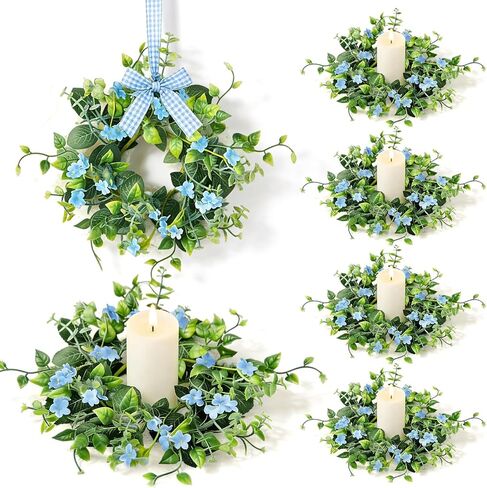6 Pcs Small Lavender Candle Ring Wreaths Mini Pillar Candle Holder Wreath with Violet Hydrangea Flowers and Eucalyptus Leaves Artificial Spring Summer Wreath for Home Kitchen Table Cnterpieces in Saudi Arabia