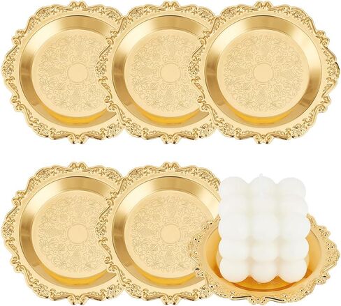 OLYCRAFT 6Pcs Decorative Candle Holder Plates Gold Round Candle Holder Tray Candles Plate Holders Gold Pillar Holders Decor Metal Plate Candles Stand for Decorative Table Centerpieces in Saudi Arabia