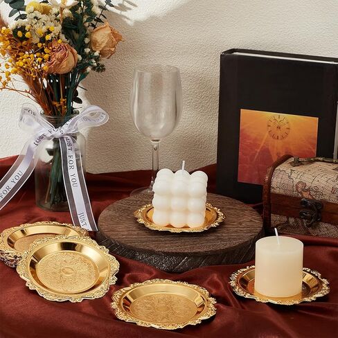 OLYCRAFT 6Pcs Decorative Candle Holder Plates Gold Round Candle Holder Tray Candles Plate Holders Gold Pillar Holders Decor Metal Plate Candles Stand for Decorative Table Centerpieces in Saudi Arabia