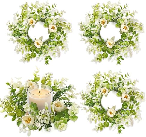 KHOYIME الأزهار حلقات شمعة إكليل 4PCS صغيرة الربيع الصيف الأبيض الزهور الاصطناعية اكاليل الزهور الخضراء للأعمدة، حامل شمعة صغيرة خزائن المطبخ الجدول المركزية حفل زفاف ديكور المزرعة in Kuwait