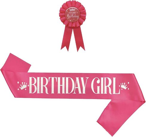 It's My Birthday Brooch Pin and Sash Set, Pink Birthday Ribbon Satin Fabric Rosette Button Badge and Sash, Cute Happy Birthday Accessories for Party Decorations and Celebrations for Women in Kuwait