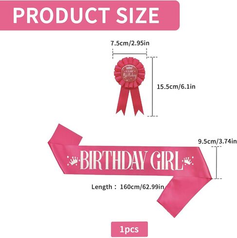 It's My Birthday Brooch Pin and Sash Set, Pink Birthday Ribbon Satin Fabric Rosette Button Badge and Sash, Cute Happy Birthday Accessories for Party Decorations and Celebrations for Women in Kuwait