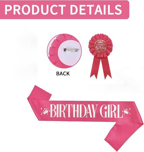 It's My Birthday Brooch Pin and Sash Set, Pink Birthday Ribbon Satin Fabric Rosette Button Badge and Sash, Cute Happy Birthday Accessories for Party Decorations and Celebrations for Women in Kuwait