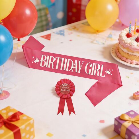 It's My Birthday Brooch Pin and Sash Set, Pink Birthday Ribbon Satin Fabric Rosette Button Badge and Sash, Cute Happy Birthday Accessories for Party Decorations and Celebrations for Women in Kuwait