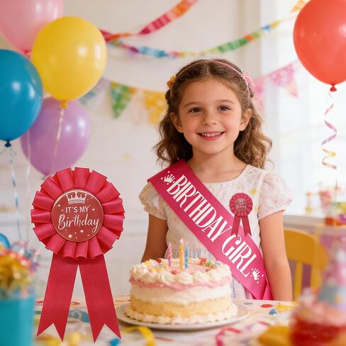 It's My Birthday Brooch Pin and Sash Set, Pink Birthday Ribbon Satin Fabric Rosette Button Badge and Sash, Cute Happy Birthday Accessories for Party Decorations and Celebrations for Women in Kuwait