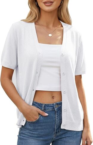 Yekaty Womens Lightweight Short Sleeve Cropped Cardigan Summer Button Down Sweater Knit Shrugs in Saudi Arabia