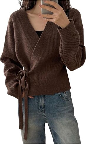 SweatyRocks Women's Wrap Cardigan Sweaters Tie Front Long Sleeve Soft Knit Dressy Work Tops in Saudi Arabia