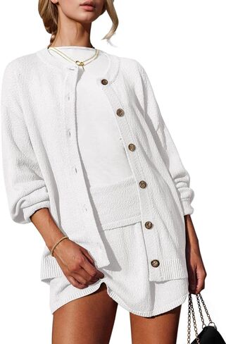 Tankaneo 2 Piece Sweater Sets for Women Long Sleeve Cardigan Outfits Mini Skirts Knit Matching Lounge Set in Saudi Arabia