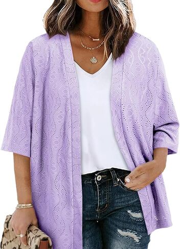 Plus Size Cardigan for Women Half Sleeve Kimono Open Front Tops Jacquard Knitted Summer Swimsuit Cover Up in Saudi Arabia