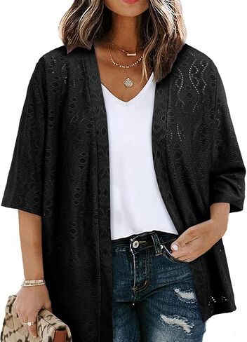 Plus Size Cardigan for Women Half Sleeve Kimono Open Front Tops Jacquard Knitted Summer Swimsuit Cover Up in Saudi Arabia