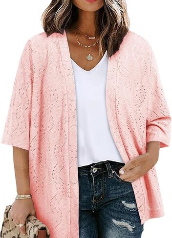 Plus Size Cardigan for Women Half Sleeve Kimono Open Front Tops Jacquard Knitted Summer Swimsuit Cover Up in Saudi Arabia