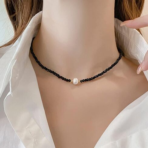 Octwine Black Simple Shiny Crystals Rhinestones Choker Cute Pearl Pendant Party Prom Choker Necklace Elegant Minimalist Necklace for Women in Saudi Arabia