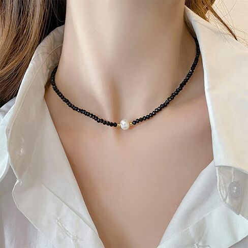 Octwine Black Simple Shiny Crystals Rhinestones Choker Cute Pearl Pendant Party Prom Choker Necklace Elegant Minimalist Necklace for Women in Saudi Arabia