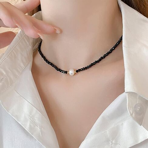Octwine Black Simple Shiny Crystals Rhinestones Choker Cute Pearl Pendant Party Prom Choker Necklace Elegant Minimalist Necklace for Women in Saudi Arabia