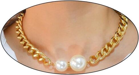 14K Gold Pearl Choker Necklace for Women, Chunky Big Round Pearl Choker Charm Cuba Link Chain Statement Necklace Vintage Punk Adjustable Neck Jewelry in Kuwait