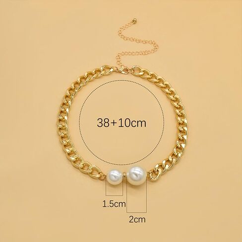 14K Gold Pearl Choker Necklace for Women, Chunky Big Round Pearl Choker Charm Cuba Link Chain Statement Necklace Vintage Punk Adjustable Neck Jewelry in Kuwait