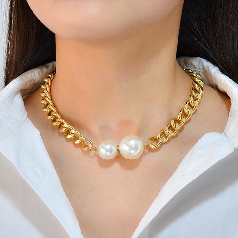 14K Gold Pearl Choker Necklace for Women, Chunky Big Round Pearl Choker Charm Cuba Link Chain Statement Necklace Vintage Punk Adjustable Neck Jewelry in Kuwait