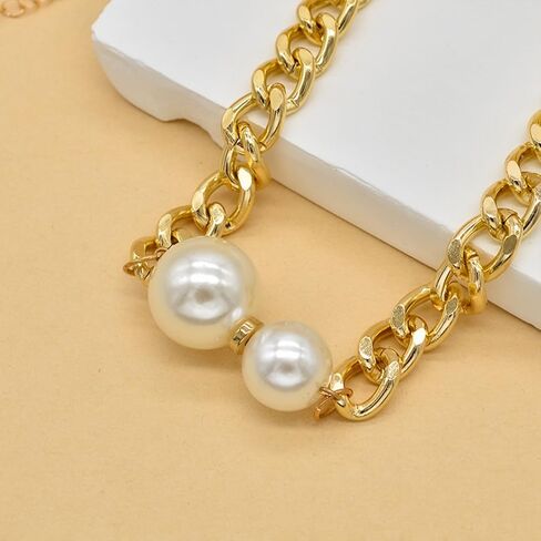 14K Gold Pearl Choker Necklace for Women, Chunky Big Round Pearl Choker Charm Cuba Link Chain Statement Necklace Vintage Punk Adjustable Neck Jewelry in Kuwait