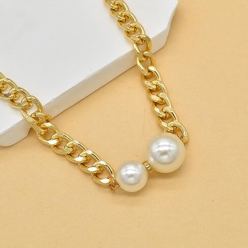 14K Gold Pearl Choker Necklace for Women, Chunky Big Round Pearl Choker Charm Cuba Link Chain Statement Necklace Vintage Punk Adjustable Neck Jewelry in Kuwait