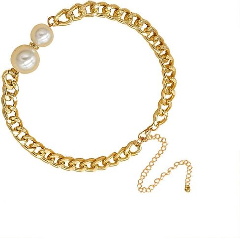 14K Gold Pearl Choker Necklace for Women, Chunky Big Round Pearl Choker Charm Cuba Link Chain Statement Necklace Vintage Punk Adjustable Neck Jewelry in Kuwait