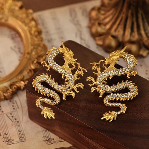 Golden Crystal Dragon Earrings for Women, Vintage Chinese Style Stud Earrings, Beautiful and Elegant in Saudi Arabia