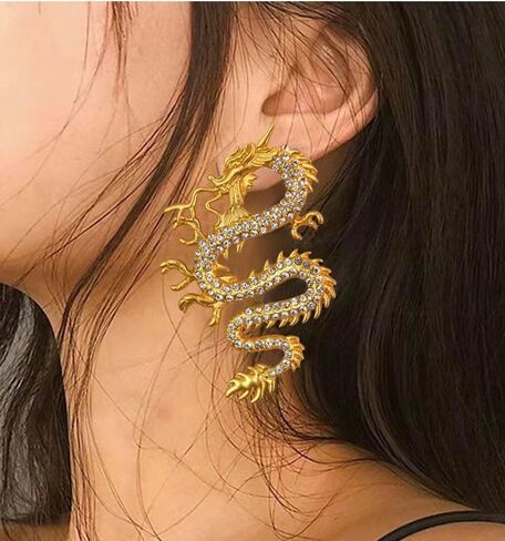 Golden Crystal Dragon Earrings for Women, Vintage Chinese Style Stud Earrings, Beautiful and Elegant in Saudi Arabia