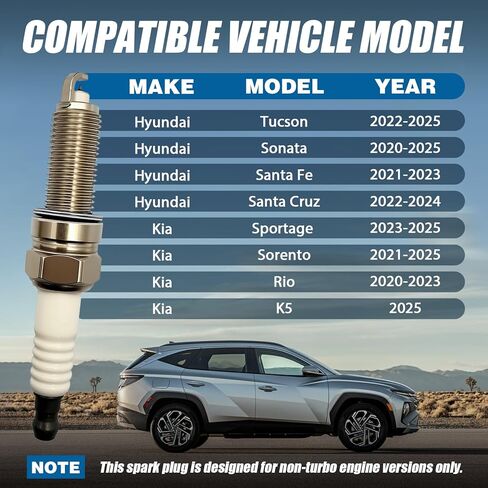 4 قطع شمعات إشعال بديلة 18871-11070 (1887111070) - تناسب Hyundai Kia 2020-2025 محرك غير توربو 1.6L/2.0L/2.5L - Tucson، Sonata، Santafe، Santa Cruz، S-portage، Sorento، Rio، K5، SILZKR7K11S in Kuwait