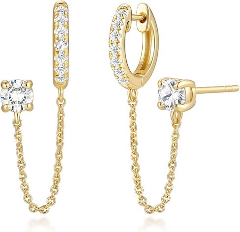 ASHINE 14K Gold Chain Earrings for Women | Double Piercing Huggie Hoop and Stud Connector Earring | Daily & Special Moments Ear Cuff Earrings in Kuwait