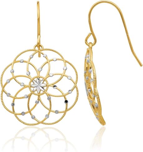 14K الذهب الأصفر الماس قطع قطرة استرخى أقراط الأسلاك الفرنسية مصقول مفصلة تصميم زهرة مفتوحة خفيفة الوزن للنساء هدية 32 مللي متر in Saudi Arabia