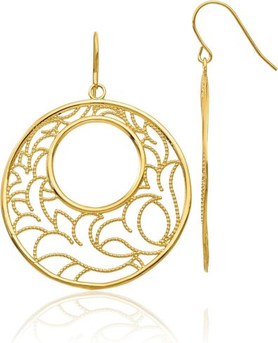 14K Yellow Gold Large Round Filigree Dangle Earrings Drop French Wire Statement Lightweight Polished Textured For Women Gift Birthday Anniversary in Saudi Arabia