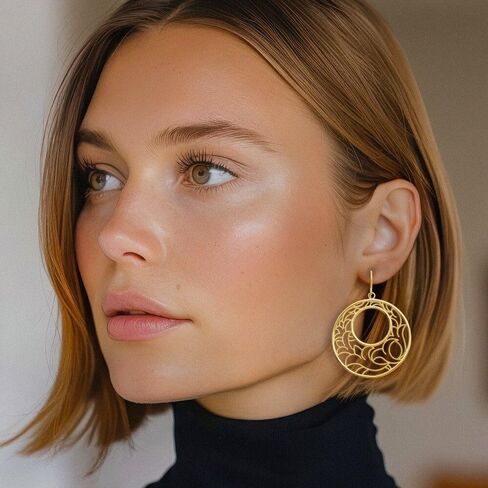 14K Yellow Gold Large Round Filigree Dangle Earrings Drop French Wire Statement Lightweight Polished Textured For Women Gift Birthday Anniversary in Saudi Arabia