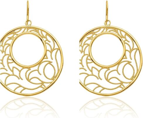 14K Yellow Gold Large Round Filigree Dangle Earrings Drop French Wire Statement Lightweight Polished Textured For Women Gift Birthday Anniversary in Saudi Arabia
