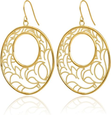 14K Yellow Gold Large Round Filigree Dangle Earrings Drop French Wire Statement Lightweight Polished Textured For Women Gift Birthday Anniversary in Saudi Arabia