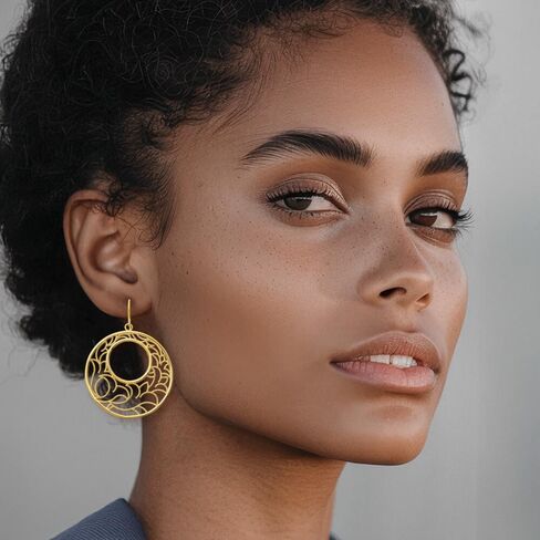 14K Yellow Gold Large Round Filigree Dangle Earrings Drop French Wire Statement Lightweight Polished Textured For Women Gift Birthday Anniversary in Saudi Arabia