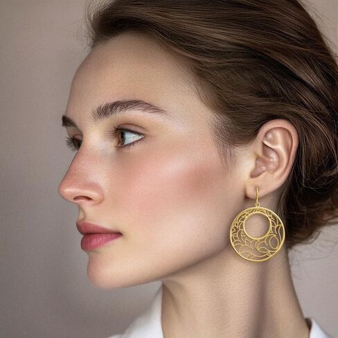 14K Yellow Gold Large Round Filigree Dangle Earrings Drop French Wire Statement Lightweight Polished Textured For Women Gift Birthday Anniversary in Saudi Arabia