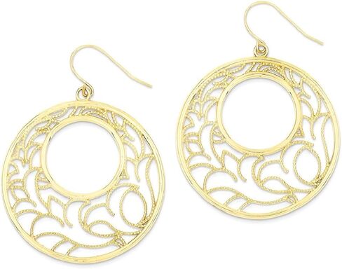 14K Yellow Gold Large Round Filigree Dangle Earrings Drop French Wire Statement Lightweight Polished Textured For Women Gift Birthday Anniversary in Saudi Arabia