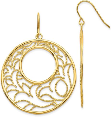 14K Yellow Gold Large Round Filigree Dangle Earrings Drop French Wire Statement Lightweight Polished Textured For Women Gift Birthday Anniversary in Saudi Arabia