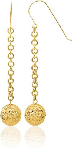 14K Yellow Gold Diamond Cut Bead Drop Dangle Earrings for Women French Wire Polished Hollow Lightweight Gift in Saudi Arabia