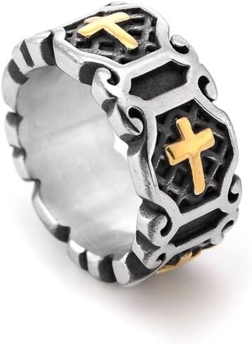 Cross Ring for Men,Stainless Steel Vintage Religion Silver & Gold Cross Ring Ornate Distressed Metal Band, Gothic Unisex christian Jewelry Size 8-12 in Kuwait