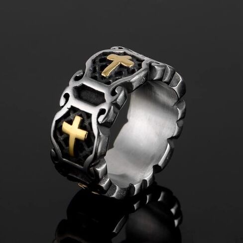 Cross Ring for Men,Stainless Steel Vintage Religion Silver & Gold Cross Ring Ornate Distressed Metal Band, Gothic Unisex christian Jewelry Size 8-12 in Kuwait
