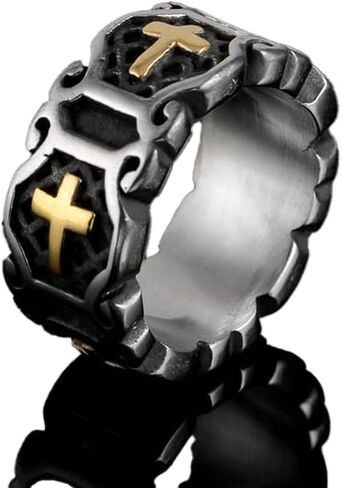 Cross Ring for Men,Stainless Steel Vintage Religion Silver & Gold Cross Ring Ornate Distressed Metal Band, Gothic Unisex christian Jewelry Size 8-12 in Kuwait