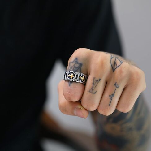 Cross Ring for Men,Stainless Steel Vintage Religion Silver & Gold Cross Ring Ornate Distressed Metal Band, Gothic Unisex christian Jewelry Size 8-12 in Kuwait