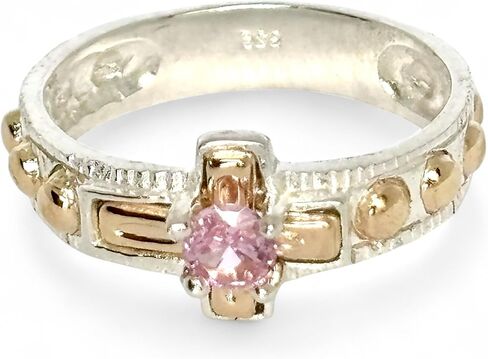 QURI Unisex Rosary ring - Solid silver 925 rosary ring - Catholic silver ring - silver 925 and 10K-Gold-Laminated – Rosary ring silver and gold - Silver rosary ring Pink stone in Saudi Arabia